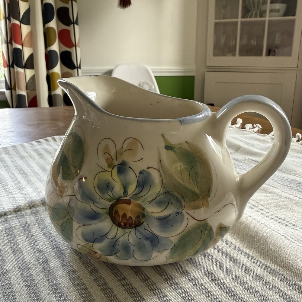 Secla Portugal Pottery Pitcher Hand Painted Blue Green Floral 5 inch Jug